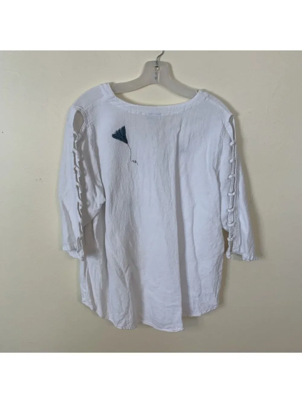 Sea Breeze Womens White Cotton Blouse Top Hand Painted Shirt 3/4 Sleeve XL USA